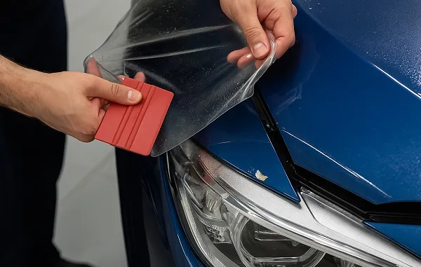 A close-up of a worker applying paint protection film over a chipped area on a blue car hood using a red squeegee.