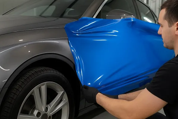 A professional applies a blue vinyl wrap to a gray car’s fender, covering minor dents and imperfections in an auto workshop.
