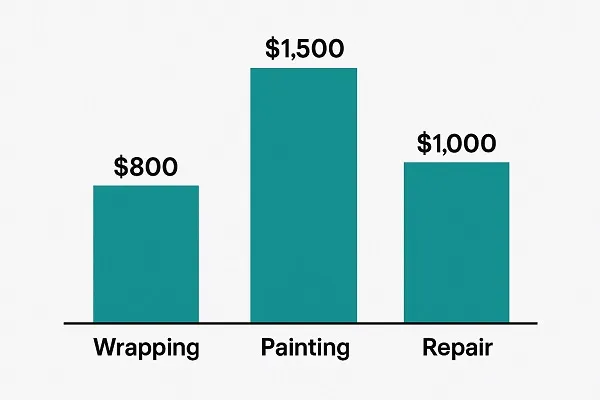 A bar chart comparing average costs of wrapping ($800), painting ($1,500), and repair ($1,000) for vehicle cosmetic work.
