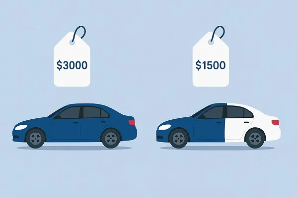 Comparison graphic showing the cost of a full vehicle wrap at $3000 versus a partial wrap at $1500 using two side-by-side sedans.