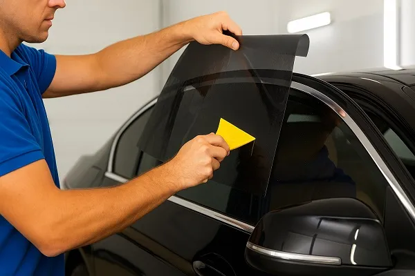 Close-up of a professional applying tint film to a car window with a yellow squeegee inside a well-lit garage.