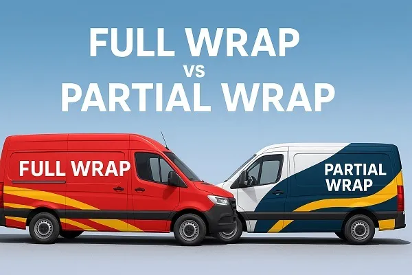 Side-by-side comparison of a full vehicle wrap vs partial wrap on two cargo vans, labeled and wrapped in distinct styles.