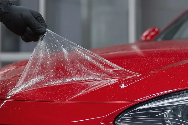 A close-up of a gloved hand peeling back Paint Protection Film (PPF) from the hood of a red car, highlighting wear and water droplets.