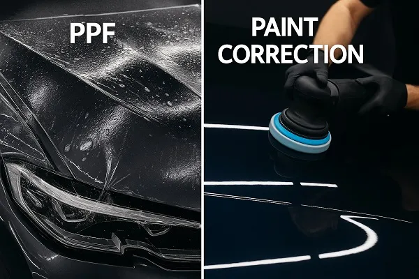 Side-by-side comparison showing PPF application on one side of a car hood and paint correction polishing on the other.