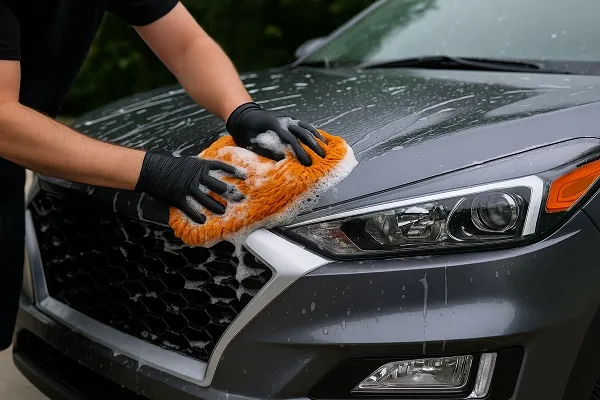 A person in black gloves washes the hood and fender of a silver car using a foamy orange microfiber mitt, highlighting PPF-safe cleaning.