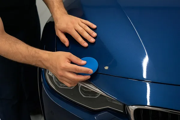 A car detailer repairing a paint chip on a blue vehicle hood with an applicator pad before applying PPF.