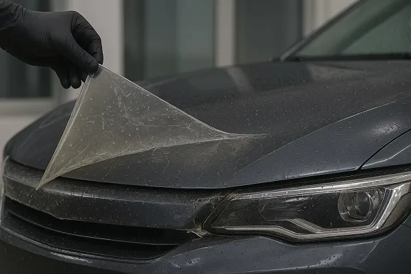 A gloved hand peels off an aged, yellowed paint protection film from the hood of a dark gray car, showing wear and signs of deterioration.