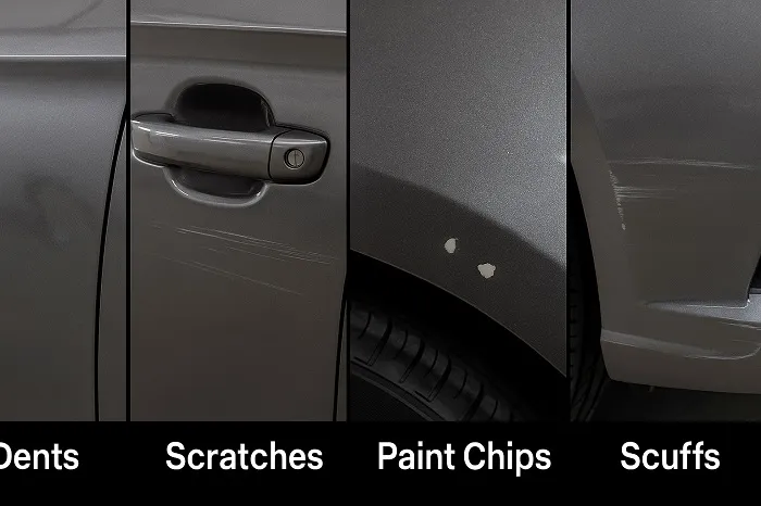 A composite image showing four types of minor car damage: dents, scratches, paint chips, and scuffs on a gray vehicle’s body.