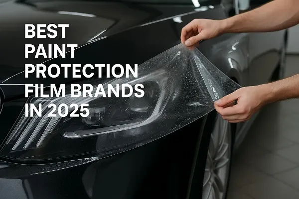 A wide image of a technician applying clear paint protection film to a black car’s headlight with text: Best Paint Protection Film Brands in 2025.