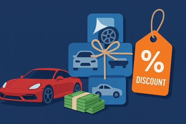 Wide illustration showing a red sports car, stacks of cash, and four blue service icons tied together with a rope, next to an orange discount tag with a percentage symbol.