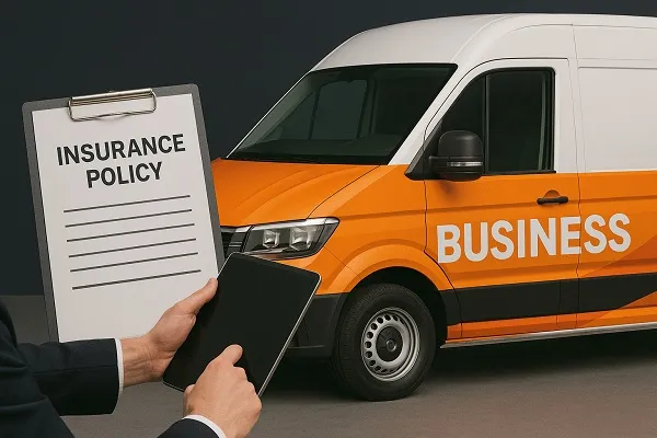 Wide image showing a white commercial van with an orange wrap displaying the word "BUSINESS," next to a clipboard labeled "Insurance Policy."