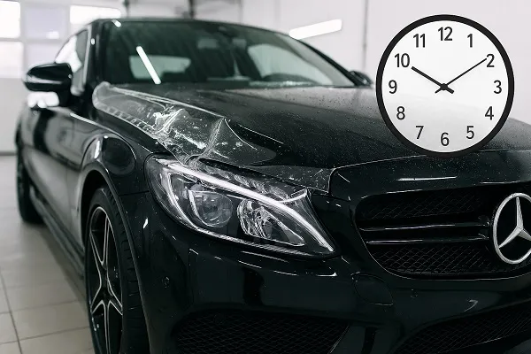 A sleek black car with partially peeled paint protection film and visible water droplets, with a clock in the background symbolizing longevity.