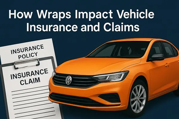 Wide digital graphic of an orange vinyl-wrapped car beside an insurance policy and claim form clipboard, with the title "How Wraps Impact Vehicle Insurance and Claims."