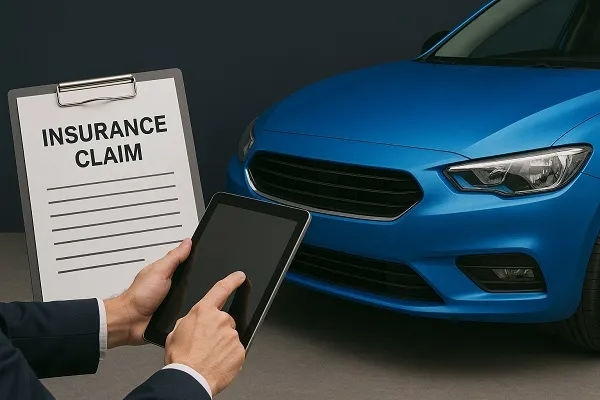 Wide image showing a metallic blue wrapped car beside a clipboard labeled "Insurance Claim" with a person holding a tablet.