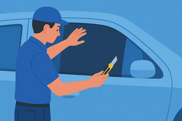 Wide illustration of a window tint installer trimming excess film on a car window with a utility knife.