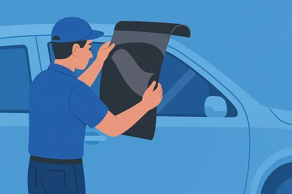 Wide illustration of an installer using the reverse roll technique, unrolling tint film onto a car window.