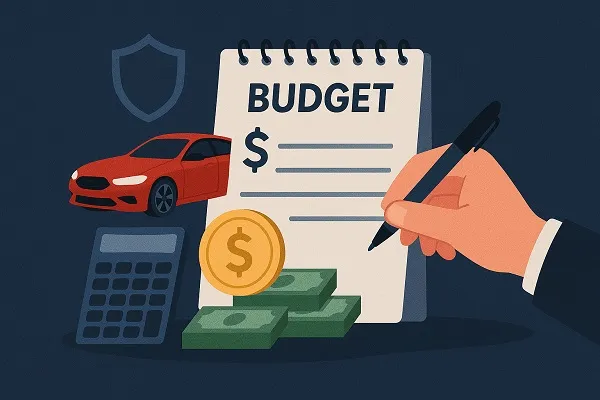 Wide illustration of a hand writing on a spiral notepad labeled “BUDGET,” surrounded by a red sports car, a gold dollar coin, stacks of cash, and a calculator on a dark blue background.