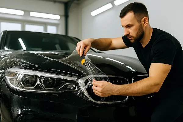 A professional installer carefully applies paint protection film to the front left fender and headlight of a glossy black sports car.