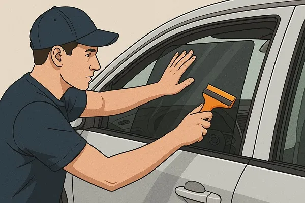 Wide illustration of a technician using a squeegee to smooth window tint film onto a car window.