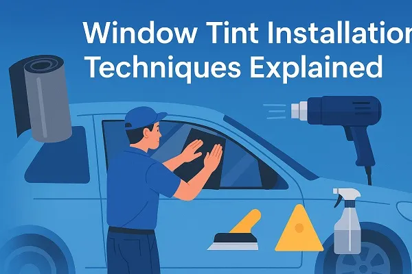 Wide illustration of a window tint installer applying film to a car window with tools like a heat gun, squeegee, and spray bottle.