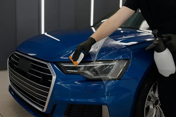 Technician applying partial Paint Protection Film (PPF) to the front bumper and headlight of a blue car.