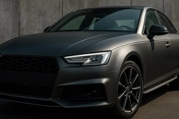 Wide image of a matte gray luxury car parked outdoors, showcasing a durable vinyl wrap finish under sunlight against a rugged concrete wall.