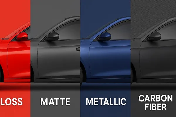 Wide image of a car shown in four sections, each featuring a different vinyl wrap finish: gloss red, matte black, metallic blue, and carbon fiber.