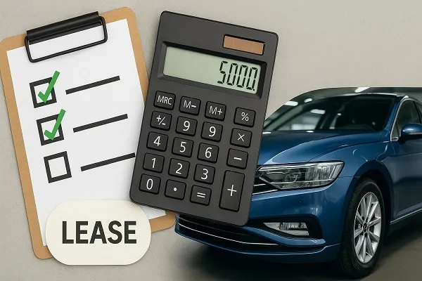 Wide composition showing a checklist, calculator, and leased blue car symbolizing factors that influence the value of PPF on lease vehicles.