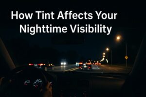 Wide-angle view from inside a car at night, showing tinted windshield, headlights from oncoming vehicles, and streetlights affecting visibility.