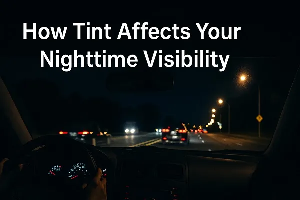 Wide-angle view from inside a car at night, showing tinted windshield, headlights from oncoming vehicles, and streetlights affecting visibility.