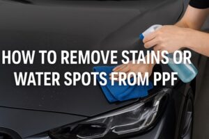 Person cleaning water spots from a car’s PPF with a spray bottle and microfiber towel.