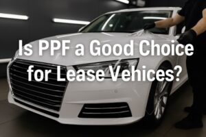 Technician applying Paint Protection Film (PPF) on a white leased car in a clean auto care shop.