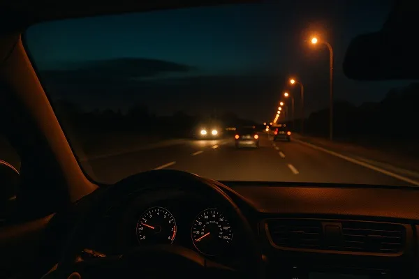 Wide nighttime view from inside a car showing tinted windshield, dashboard, headlights from oncoming traffic, and streetlights along the road.