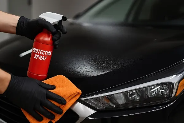 Person applying protective spray on a black car hood with an orange microfiber cloth to prevent water spots on PPF.
