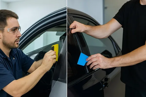 Split image showing a professional car tint installer on the left and a DIY tinting attempt on the right.