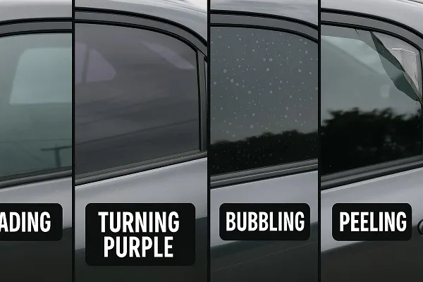 Wide image of four car windows showing signs of damaged tint: fading, turning purple, bubbling, and peeling.