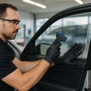 A technician applies car window tint from the inside using a squeegee while wearing gloves and safety glasses.