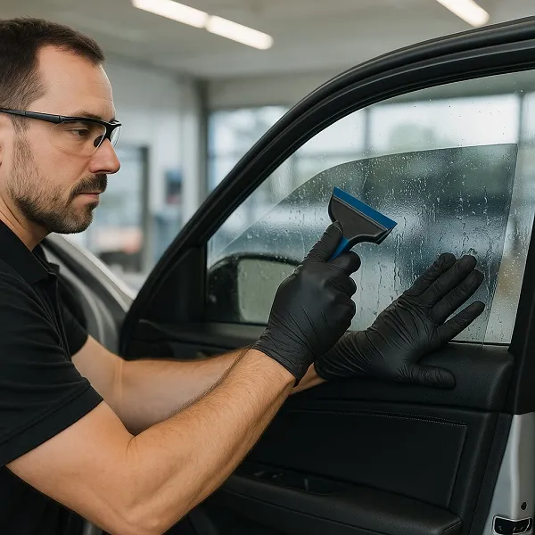 A technician applies car window tint from the inside using a squeegee while wearing gloves and safety glasses.
