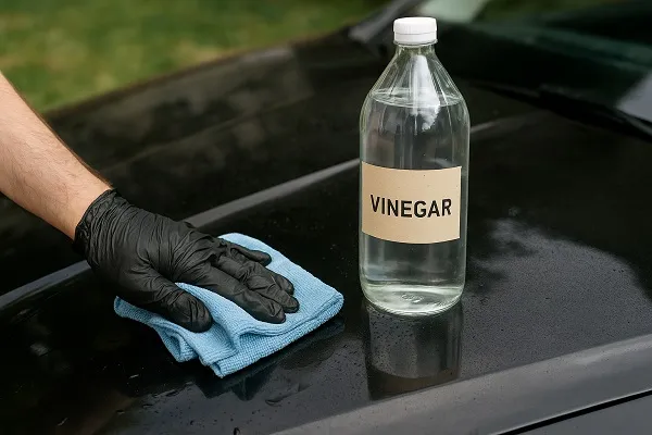 Hand in a black glove wiping water spots off a car hood with a microfiber cloth next to a bottle of vinegar.