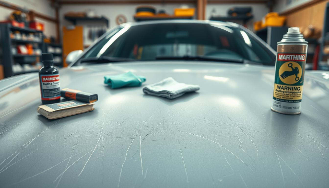 A close-up shot of a car hood with visible deep scratches and paint damage, contrasted with ineffective scratch repair tools scattered around, such as a bottle of rubbing compound, a microfiber cloth, and a spray can that shows a warning label. The foreground should highlight the scratches to emphasize the subject, while the middle ground includes the repair tools placed haphazardly. In the background, a blurred, well-lit garage setting with shelves and tools can be faintly seen, creating an organized yet unkempt atmosphere. Soft, natural lighting casts gentle shadows, enhancing the textures of the scratched paint. The overall mood should reflect frustration and disappointment, illustrating the theme of ineffective repair methods.