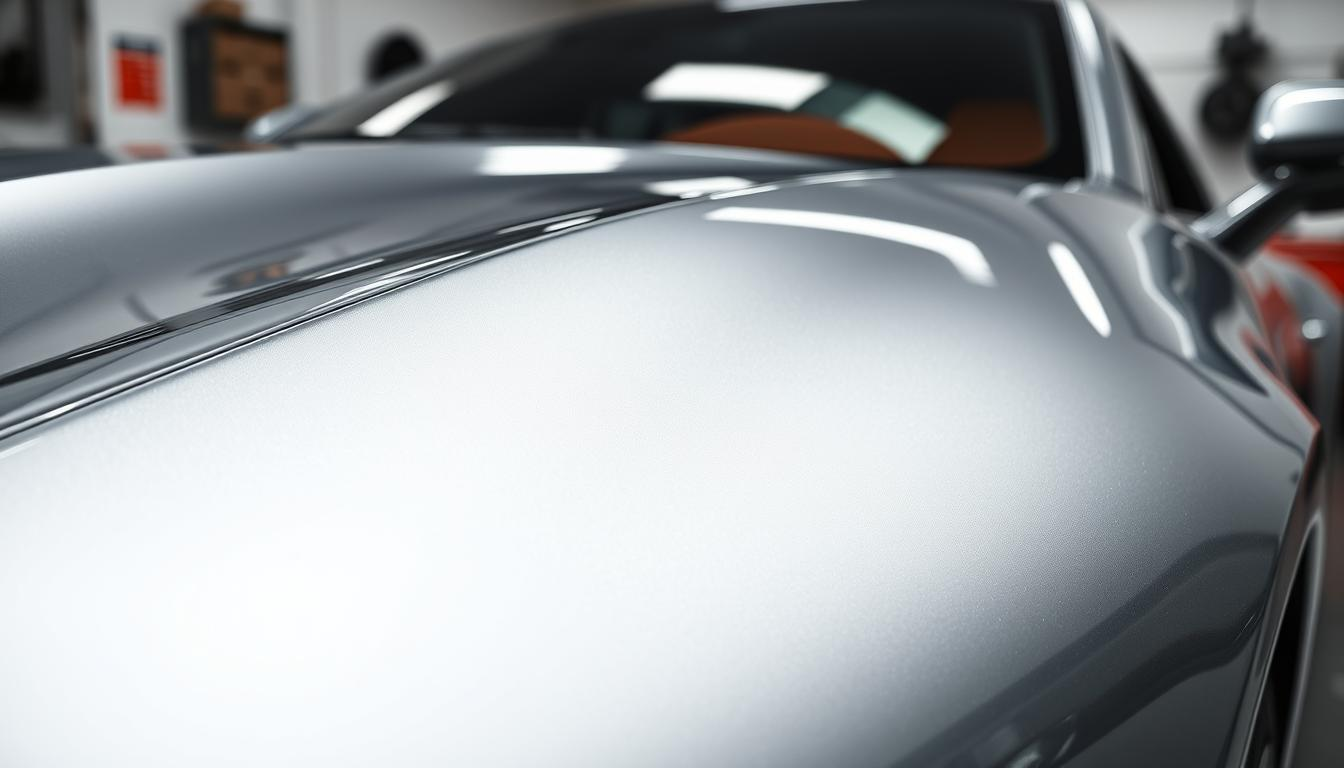 A close-up view of a freshly applied paint protection film on a luxury sports car, showcasing the glossy finish and flawless surface. The foreground features the shimmering, smooth paint of the car, reflecting light dramatically. In the middle ground, highlight the edges where the film meets the car's body, emphasizing precision installation. The background includes hints of a modern garage, creating a professional atmosphere. Soft, diffused lighting casts gentle reflections on the car's surface, while a slightly elevated angle captures both the sleek contours of the vehicle and the protective film. The mood is polished and sophisticated, conveying the importance of protecting a car’s paintwork with modern technology.