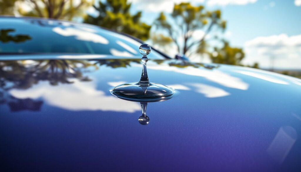 A glossy car with a pristine finish is prominently placed in the foreground, showcasing the effects of a ceramic coating. The car's surface reflects the vibrant colors of the surrounding nature, highlighting its scratch-resistant and hydrophobic properties. In the middle ground, a water bead rolls off the car's hood, demonstrating the coating's repellent characteristics. The background features a serene landscape with trees and a bright blue sky, emphasizing the environment-friendly aspect of ceramic coatings. The scene is illuminated with soft, natural daylight, enhancing the shine and details of the car's surface. The atmosphere conveys a sense of protection and luxury, appealing to automotive enthusiasts seeking superior paint protection solutions.