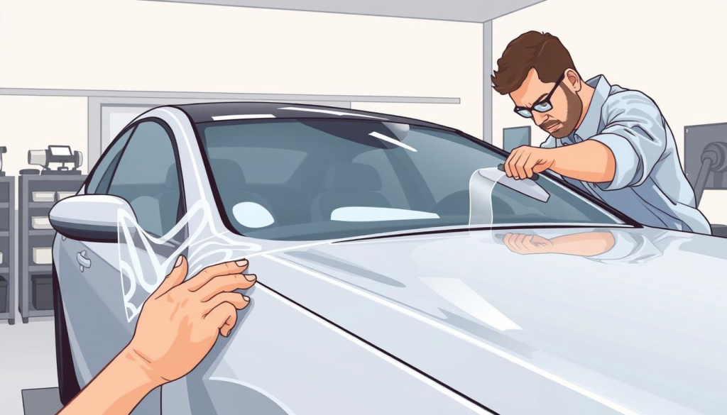 A simple yet intricate scene showcasing the process of vehicle paint protection film (PPF) installation. In the foreground, a technician meticulously applies the clear, glossy PPF onto the freshly washed car's surface, with careful precision and attention to detail. The middle ground reveals the various tools and materials used, such as squeegees, trim tools, and the PPF film itself, all neatly organized. The background depicts a clean, well-lit workshop environment, with minimal clutter, highlighting the professionalism and care taken during the installation. The lighting is soft and even, casting a subtle glow on the scene, conveying a sense of focus and expertise.