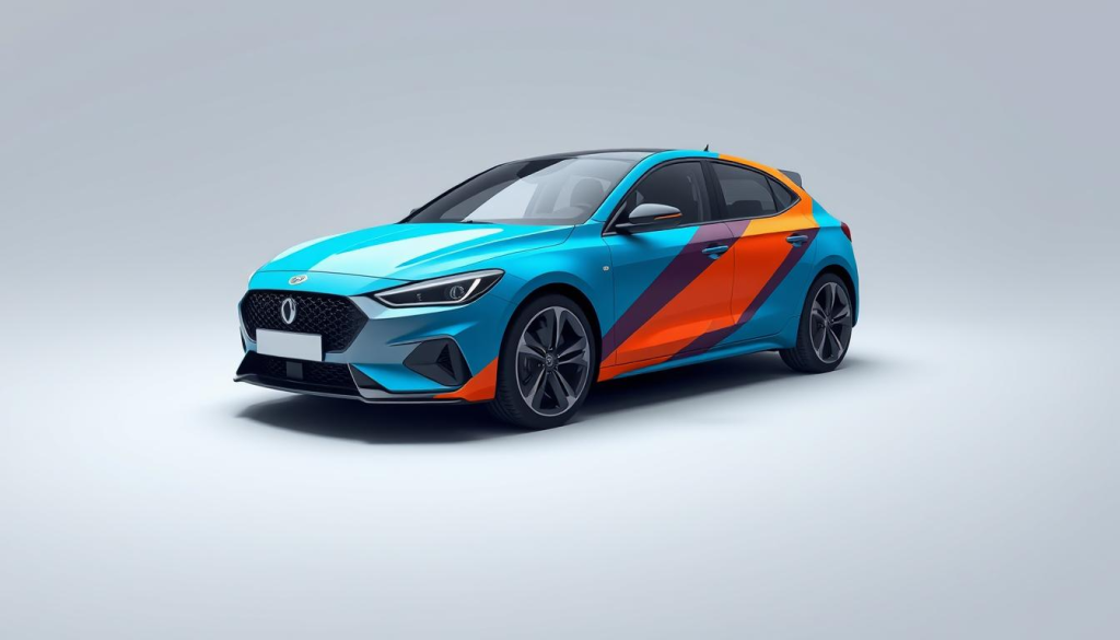 A sleek, modern car parked in a clean, minimalist studio setting. The vehicle's exterior is covered in a striking brand wrap, featuring a bold, geometric design in a vibrant, eye-catching color palette. Soft, directional lighting highlights the contours of the car, casting subtle shadows that add depth and dimension to the scene. The background is a simple, neutral backdrop, keeping the focus solely on the car and its branding. The overall composition is clean, well-balanced, and showcases the power of car wrap advertising to elevate a brand's visual identity.