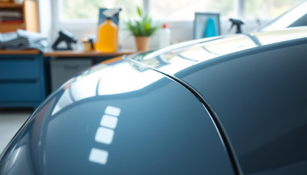 A sleek, polished car stands in the foreground, showcasing its crystal-clear bra film that glistens under soft, diffused natural light. The middle ground features a close-up of the film's edges, highlighting its seamless application and pristine condition. In the background, a well-organized workspace includes various detailing tools, such as a microfiber cloth, spray bottle, and a gentle cleaner, emphasizing the theme of maintenance. The setting is bright and airy, evoking a sense of freshness and cleanliness. The composition captures a serene, professional atmosphere, reflecting meticulous care and attention to detail that is essential for preserving the integrity of paint protection film. Focus on depth of field to create a soft blur of the background, directing attention to the car's surface.