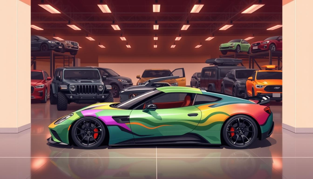 A spacious showroom filled with an array of customized vehicles, showcasing a diverse range of personalization options. In the foreground, a sleek sports car with a vibrant custom wrap, its colors and patterns reflecting the mood of the space. In the middle ground, a mid-size sedan with a subtle, matte-black paint job, complemented by stylish alloy wheels. The background features a selection of SUVs and trucks, each with distinct modifications, from lifted suspensions to custom grilles and exterior accents. The lighting is warm and inviting, casting a sophisticated ambiance that highlights the attention to detail in each vehicle's design. The overall scene conveys a sense of excitement and possibility, inspiring the viewer to envision the perfect customization for their own ride.