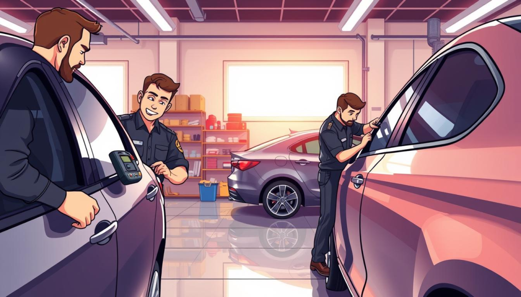 A well-lit, modern auto repair shop with a polished concrete floor. In the foreground, a car's tinted windows are being carefully inspected by a technician in a uniform, using a hand-held device to measure the tint density. In the middle ground, another technician is carefully applying a fresh layer of tint film to a car's side window, using precision tools. The background features shelves of tinting supplies and tools, with a sense of order and professionalism. The lighting is bright and even, casting a warm, inviting glow over the scene, conveying the care and attention to detail that goes into maintaining high-quality tinted windows.