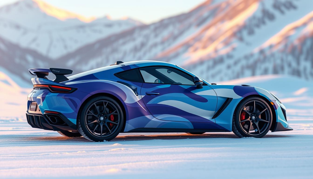 A winter-themed sports car with a dynamic, colorful wrap design. The vehicle is positioned in a snowy, mountainous landscape, bathed in soft, warm lighting. The wrap features bold, abstract shapes in shades of blue, purple, and white, evoking a sense of motion and energy. The design seamlessly blends with the surrounding environment, creating a harmonious and visually striking composition. The image captures the essence of a limited-edition, seasonal vehicle wrap that would stand out on the road.
